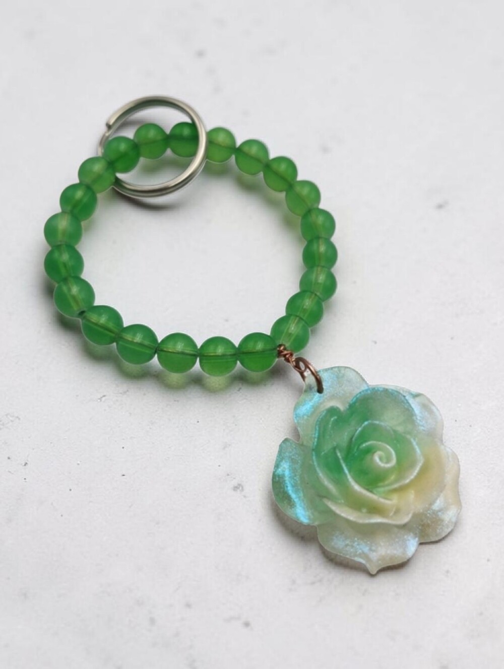 Handmade Green Beaded Keychain with Rose Charm